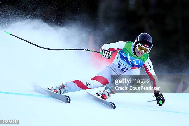 Elisabeth Goergl of Austria competes during the Alpine Skiing Ladies Super Combined Downhill on day 7 of the Vancouver 2010 Winter Olympics at...