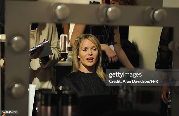 Actress Amanda Holden backstage during Naomi Campbell's Fashion For Relief Haiti London 2010 Fashion Show at Somerset House on February 18, 2010 in...