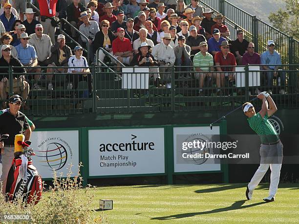 Luke Donald of England tees off on the first hole during round two of the Accenture Match Play Championship at the Ritz-Carlton Golf Club on February...