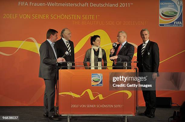 Host Jens Grittner, president of Borussia Moenchengladbach Rolf Koenigs,TV host Dunja Hayali, Mayor of Moenchengladbach Norbert Bude and...