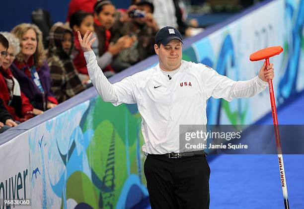 Skip John Shuster of the USA reacts during the men's curling round robin game against Denmark on day 7 of the Vancouver 2010 Winter Olympics at...