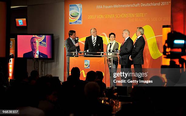 Moderator Jens Grittner, president of Borussia Moenchengladbach Rolf Koenigs, TV host, Dunja Hayali, Mayor of Moenchengladbach Norbert Bude and...