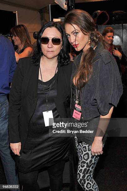People's Revolution's Kelly Cutrone and TV personality Roxy Olin pose backstage at the Davidelfin Fall 2010 Fashion Show during Mercedes-Benz Fashion...