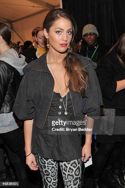Personality Roxy Olin poses backstage at the Davidelfin Fall 2010 Fashion Show during Mercedes-Benz Fashion Week at the Salon at Bryant Park on...