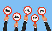 Buyers hands raising auction bid paddles with numbers of competitive price. Auction business bidders raise hand vector concept