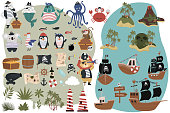 Set of Pirate objects in cartoon style. Fun animal characters, treasure island and ships