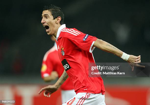 Angel Di Maria of Lisbon jubilates after scoring the first goal during the UEFA Europa League knock-out round, first leg match between Hertha BSC and...