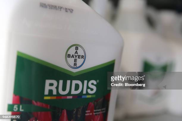 Bottle of Rudis fungicide, produced by Bayer CropScience AG, sits on a storage shelf on a farm in Abbenes, Netherlands, on Wednesday, June 6, 2018....
