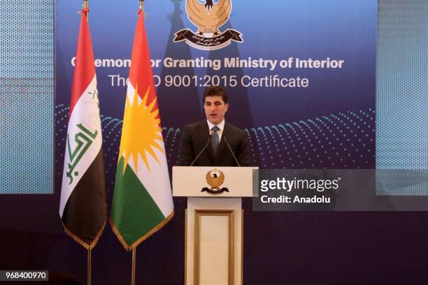 Prime Minister of Iraqi Kurdish Regional Government , Nechirvan Barzani holds a press conference after attending a meeting at IKRG's Interior...