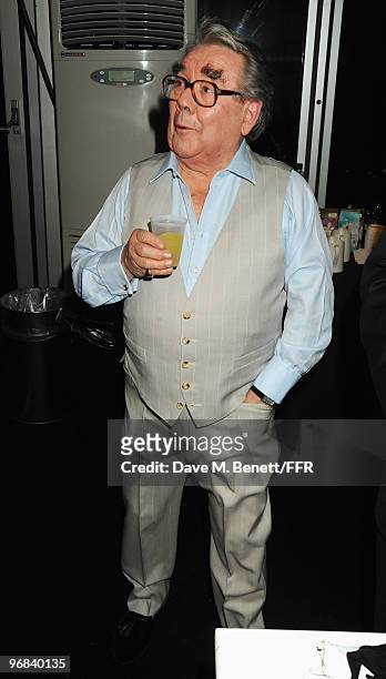 Ronnie Corbett poses backstage during Naomi Campbell's Fashion For Relief Haiti London 2010 Fashion Show at Somerset House on February 18, 2010 in...