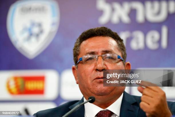 Ofer Eini, President of the Israeli Football Association , and Rotem Kamer , CEO of the Israeli football Association, take part in a press conference...