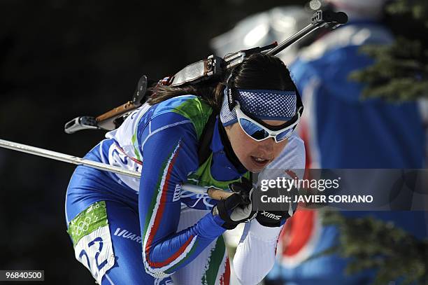 Italy's Michela Ponza competes in the women's Biathlon 15 km individual at the Whistler Olympic Park during the Vancouver Winter Olympics on February...