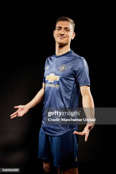 Manchester United unveil new signing Diogo Dalot at Aon Training Complex on June 5, 2018 in Manchester, England.