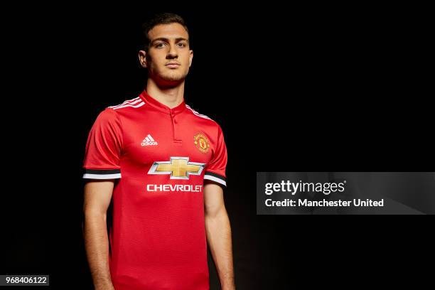 Manchester United unveil new signing Diogo Dalot at Aon Training Complex on June 5, 2018 in Manchester, England.