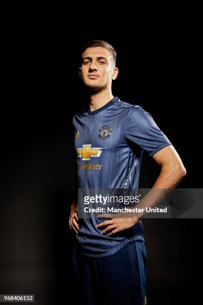 Manchester United unveil new signing Diogo Dalot at Aon Training Complex on June 5, 2018 in Manchester, England.