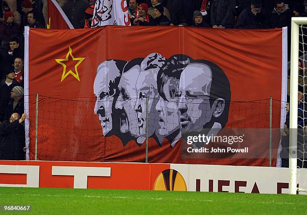 Liverpool banner is waved in the Kop during the UEFA Europa League first leg match between Liverpool and Unirea Urziceni at Anfield on February 18,...