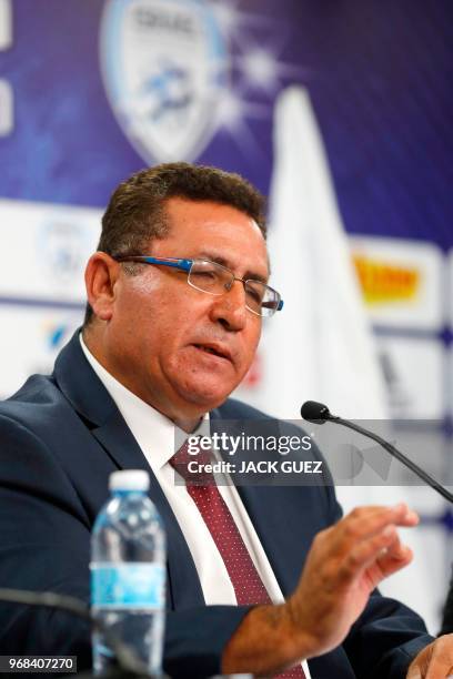 Ofer Eini, President of the Israeli Football Association , and Rotem Kamer , CEO of the Israeli football Association, take part in a press conference...