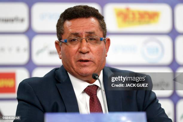 Ofer Eini, President of the Israeli Football Association , and Rotem Kamer , CEO of the Israeli football Association, take part in a press conference...