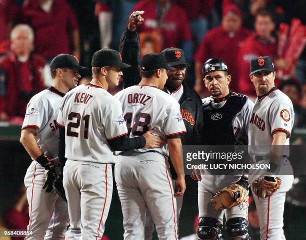 San Francisco Giants manager Dusty Baker signals for a new pitcher as he relieves Russ Ortiz in the seventh inning of Game 6 of the World Series in...