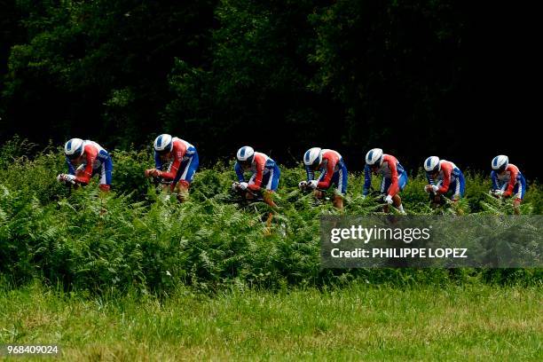 Riders of France's Groupama - FDJ cycling team compete during the third stage of the 70th edition of the Criterium du Dauphine cycling race, a...