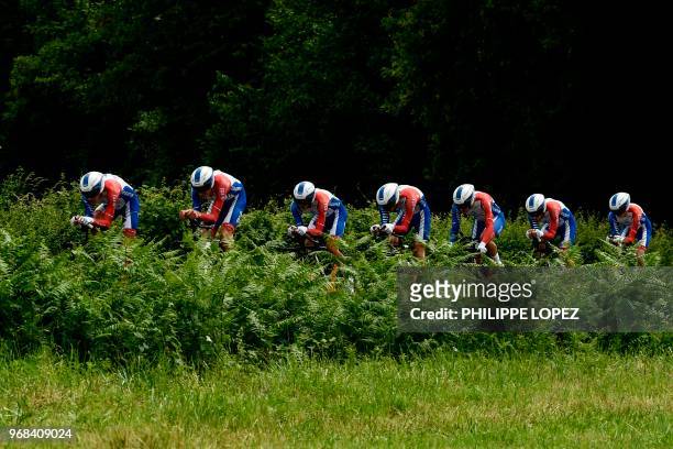 Riders of France's Groupama - FDJ cycling team compete during the third stage of the 70th edition of the Criterium du Dauphine cycling race, a...