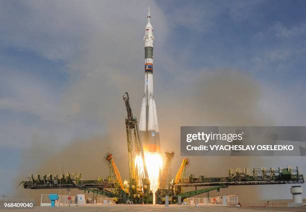 Russia's Soyuz MS-09 spacecraft carrying the members of the International Space Station expedition 56/57, NASA astronaut Serena Aunon-Chancellor,...