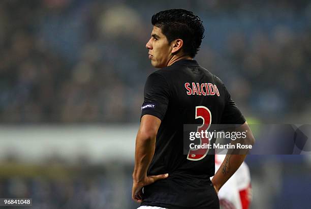 Carlos Salcido of Eindhoven looks dejected during the UEFA Europa League knock-out round, first leg match between Hamburger SV and PSV Eindhoven at...