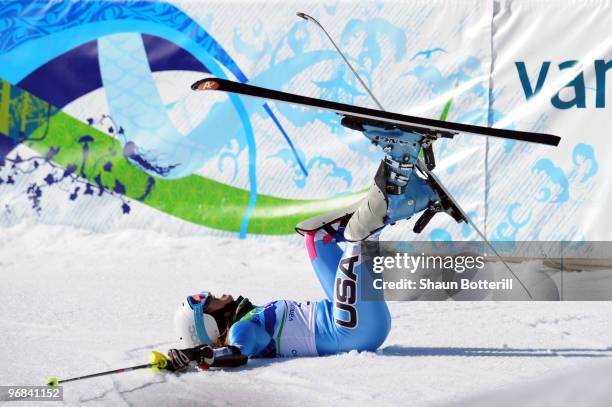 Julia Mancuso of The United States celebrates after crossing the line during the Alpine Skiing Ladies Super Combined Slalom on day 7 of the Vancouver...