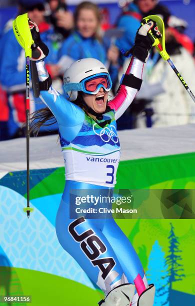 Julia Mancuso of The United States celebrates after crossing the line during the Alpine Skiing Ladies Super Combined Slalom on day 7 of the Vancouver...