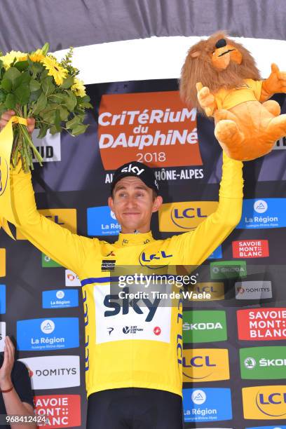 Podium / Michal Kwiatkowski of Poland and Team Sky Yellow Leader Jersey / Celebration / during the 70th Criterium du Dauphine 2018, Stage 3 a 35km...