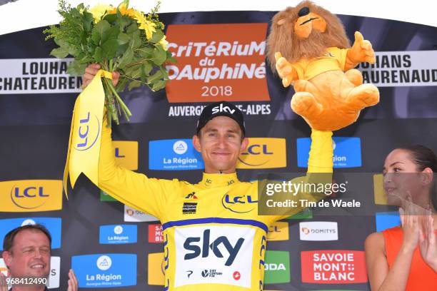 Podium / Michal Kwiatkowski of Poland and Team Sky Yellow Leader Jersey / Celebration / Mascot / during the 70th Criterium du Dauphine 2018, Stage 3...