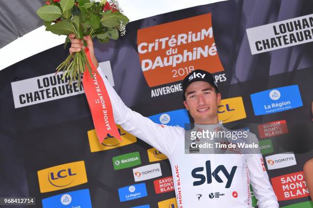 Podium / Gianni Moscon of Italy and Team Sky White Best Young Jersey / Celebration / during the 70th Criterium du Dauphine 2018, Stage 3 a 35km Team...