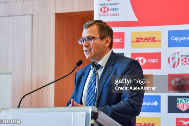 Vice president of Ile de France Region Patrick Karam during Captains photocall and press conference prior to the Hsbc Paris Rugby Sevens on June 6,...