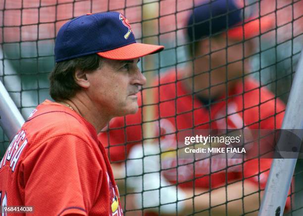 St. Louis Cardinals manager Tony La Russa looks on as Mark McGwire takes batting practice during an afternoon workout at Busch Stadium, 04 October...