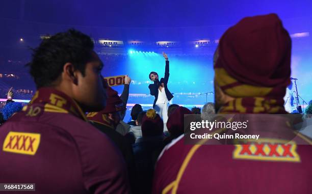 Peking Duk perform during game one of the State Of Origin series between the Queensland Maroons and the New South Wales Blues at the Melbourne...