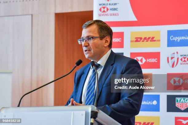 Vice president of Ile de France Region Patrick Karam during Captains photocall and press conference prior to the Hsbc Paris Rugby Sevens on June 6,...