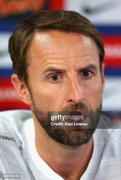 Gareth Southgate Manager of England speaks to the media during the England press conference at St Georges Park on June 6, 2018 in Burton-upon-Trent,...