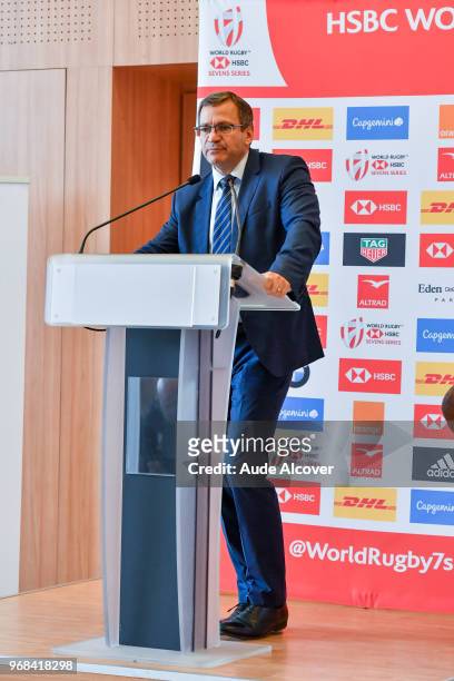 Vice president of Ile de France Region Patrick Karam during Captains photocall and press conference prior to the Hsbc Paris Rugby Sevens on June 6,...