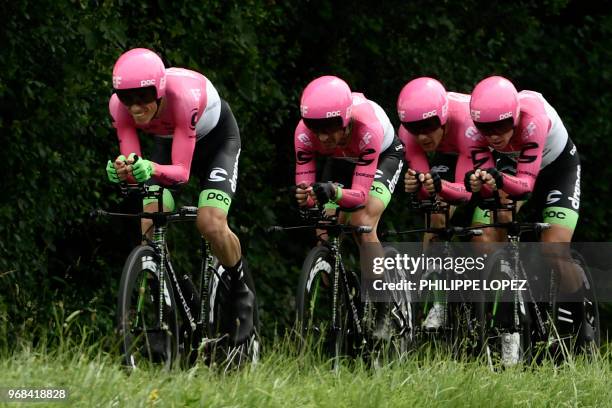 Riders of USA's EF Education First - Drapac P/B - Cannondale cycling team compete during the third stage of the 70th edition of the Criterium du...
