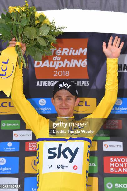 Podium / Michal Kwiatkowski of Poland and Team Sky Yellow Leader Jersey / Celebration / during the 70th Criterium du Dauphine 2018, Stage 3 a 35km...