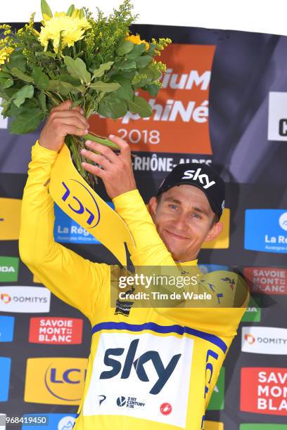 Podium / Michal Kwiatkowski of Poland and Team Sky Yellow Leader Jersey / Celebration / during the 70th Criterium du Dauphine 2018, Stage 3 a 35km...