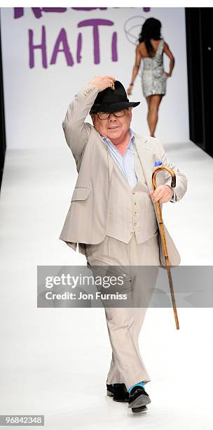 Ronnie Corbett on the catwalk at the Fashion for Relief show for London Fashion Week Autumn/Winter 2010 at Somerset House on February 18, 2010 in...