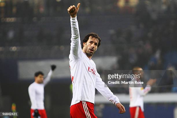 Ruud van Nistelrooy of Hamburg celebrates after the UEFA Europa League knock-out round, first leg match between Hamburger SV and PSV Eindhoven at HSH...