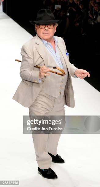 Ronnie Corbett on the catwalk at the Fashion for Relief show for London Fashion Week Autumn/Winter 2010 at Somerset House on February 18, 2010 in...