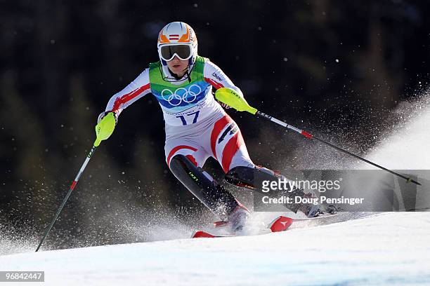 Michaela Kirchgasser of Austria competes during the Alpine Skiing Ladies Super Combined Slalom on day 7 of the Vancouver 2010 Winter Olympics at...