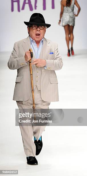 Ronnie Corbett on the catwalk at the Fashion for Relief show for London Fashion Week Autumn/Winter 2010 at Somerset House on February 18, 2010 in...