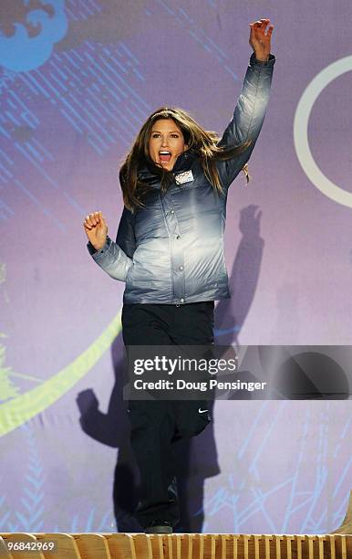 Julia Mancuso of the United States celebrates receiving her silver medal during the medal ceremony for the Alpine Skiing Ladies Downhill on day 6 of...