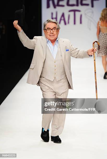 Ronnie Corbett walks down the catwalk at Naomi Campbell's Fashion For Relief Haiti London 2010 Fashion Show at Somerset House on February 18, 2010 in...