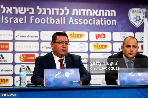 Ofer Eini , President of the Israeli Football Association , and Rotem Kamer, CEO of the Israeli football Association, take part in a press conference...