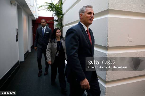 House Majority Leader Kevin McCarthy arrives for a House Republican Conference meeting June 6, 2018 on Capitol Hill in Washington, DC. House...